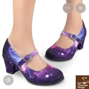 Hot chocolate design galaxy shoes nebula Mary Jane pumps. Mid heels. 36 (6.5 -7)